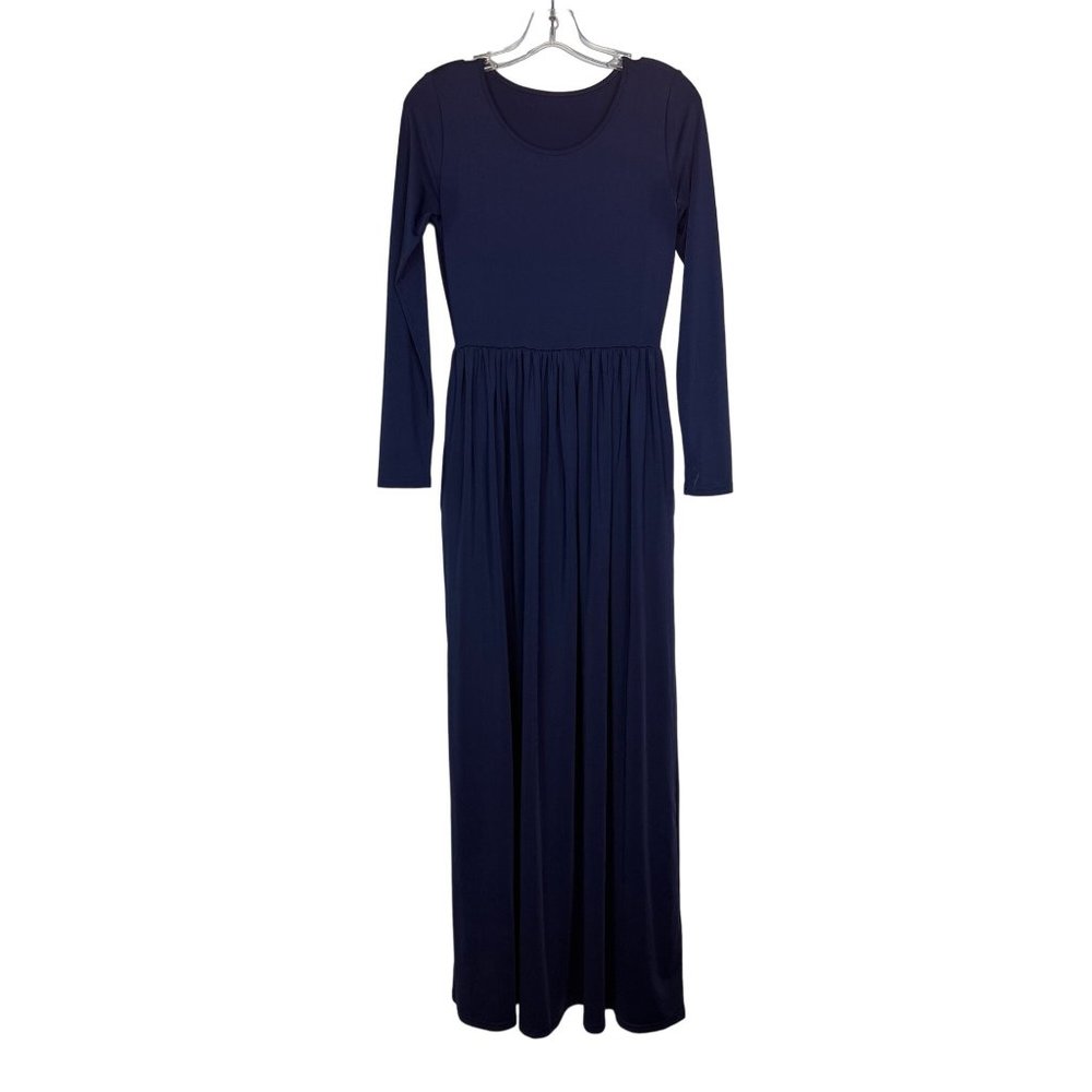 Vintage Navy Blue Full-Length Maxi Dress Long-Sleeve Round-Neckline Gathered-Wai